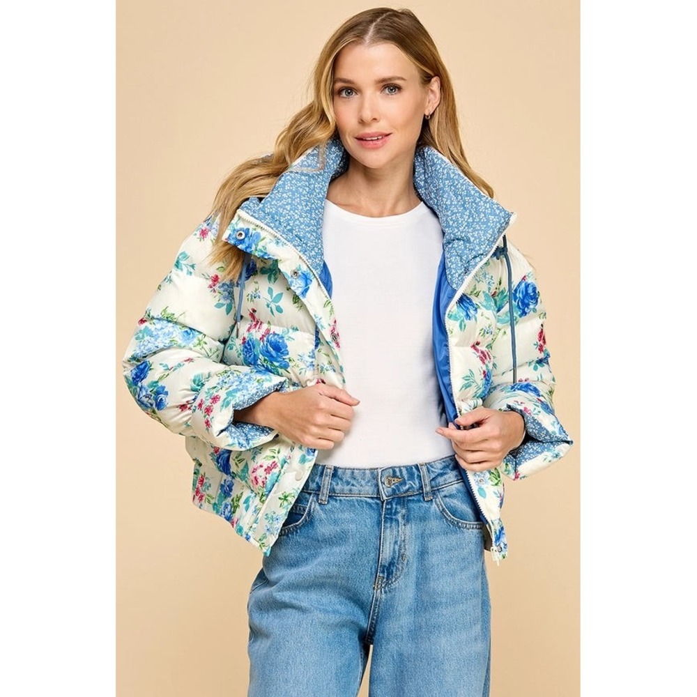 TCEC Anthropologie Floral Fantasy Puffer Jacket Cream Blue Hood Coat Insulated M